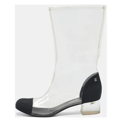 Chanel Black/Transparent Fabric and PVC CC Calf Length Boots Size