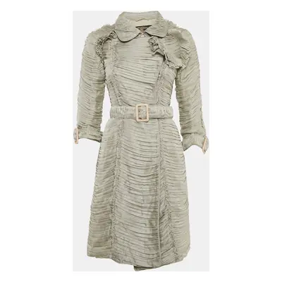 Burberry Grey Silk Blend Ruffle Detail Belted Coat