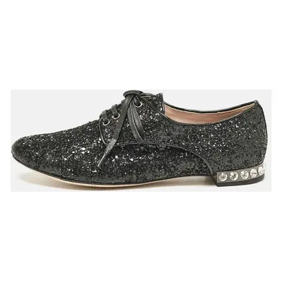 Miu Miu Black Glitter Crystal Embellished Heels Lace Up Derby Size