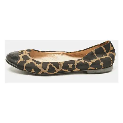 Fendi Brown/Black Patent Leather And Canvas Leopard Print Cap Toe Ballet Flats Size