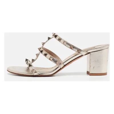 Valentino Metallic Leather Rockstud Slide Sandals Size