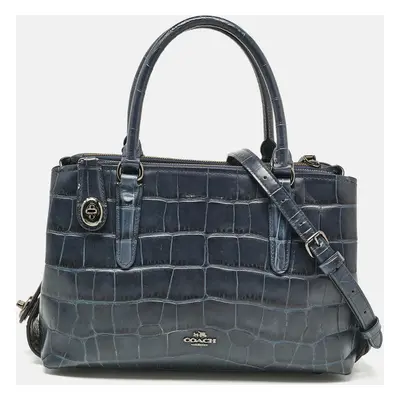 Coach Navy Blue Croc Embossed Leather Brooklyn Carryall Satchel