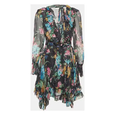 Zimmermann Black Floral Print Silk Ruffled Wrap Dress