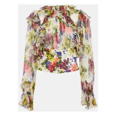 Dolce & Gabbana White Floral Print Silk Ruffled Top