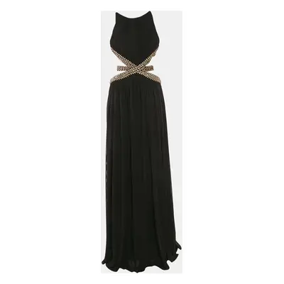 Forever Unique Black Mesh Contrast Gold Trim Detail Maxi Dress