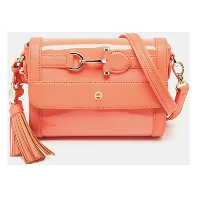 Aigner Peach Patent and Leather Clasp Flap Shoulder Bag