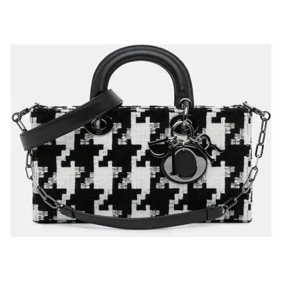 Dior Black Medium Canvas Macro Houndstooth Lady D Joy Satchel Bag