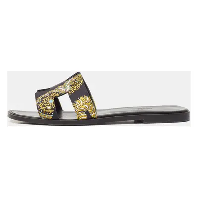 Hermes Black/Yellow Printed Satin Oran Flat Slides Size