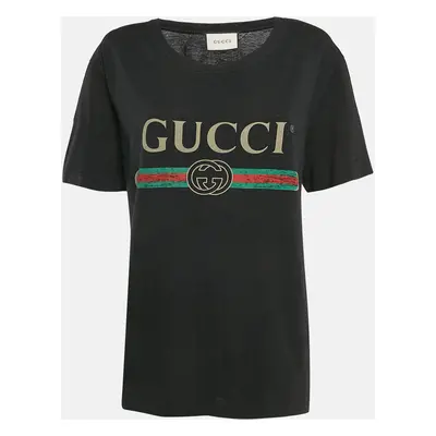 Gucci Black Vintage Logo Print Jersey Distressed T-Shirt