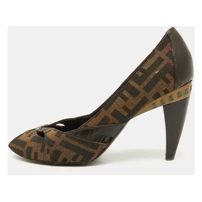 Fendi Tobacco Zucca Canvas and Leather Peep Toe Pumps Size