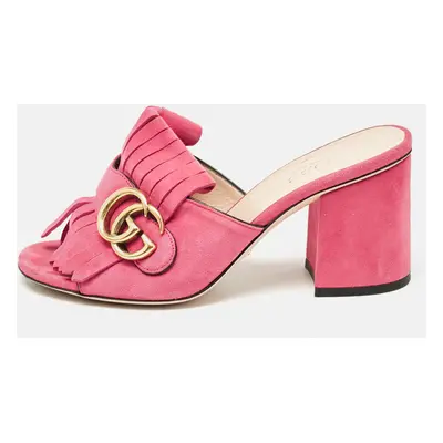 Gucci Pink Suede Double G Fringe Details Block Heel Slide Sandals Size