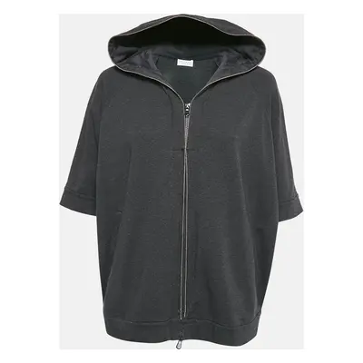 Brunello Cucinelli Dark Grey Cotton Knit Monili Beaded Zip-Up Hoodie