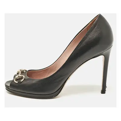 Gucci Black Leather New Hollywood Peep Toe Pumps Size