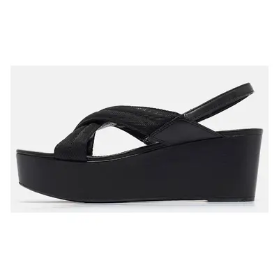 Prada Sport Black Leather and Canvas Strap Wedge Sandals Size