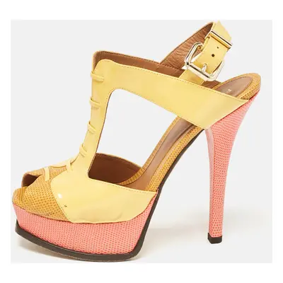 Fendi Yellow Lizard Embossed Leather and Patent Leather Fendista Platform Sandals Size 38.5