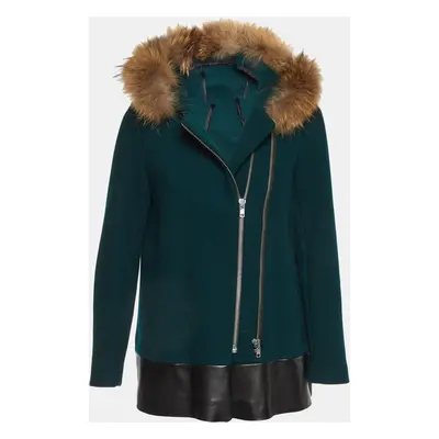 Sandro Green Wool Blend Detachable Fur Hooded Zip-Up Coat