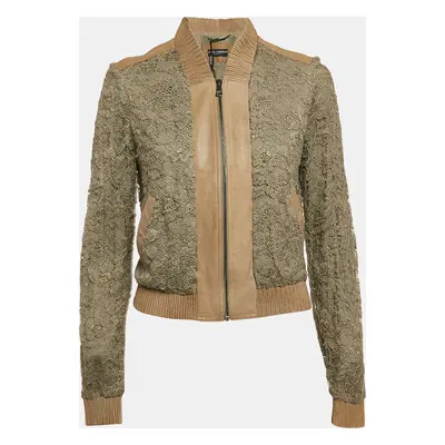 Dolce & Gabbana Green Leather Trim Lace Bomber Jacket