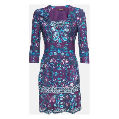 Roberto Cavalli Purple Floral Print Jersey V-Neck Mini Dress