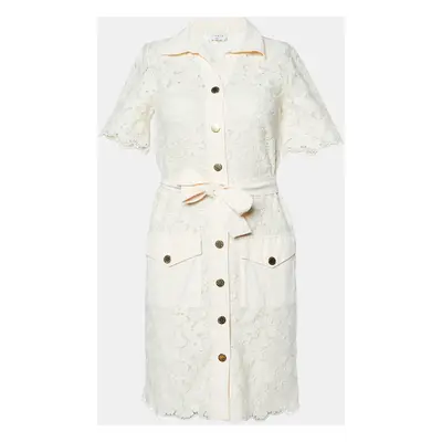 Sandro Ecru Guipure Lace Adrienne Belted Shirt Dress