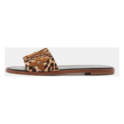 Louis Vuitton Brown Leopard Print Calf Hair and Suede Monogram Flat Slides Size