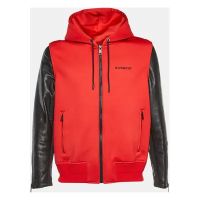 Givenchy Red Jersey & Leather Zip Up Hooded Jacket