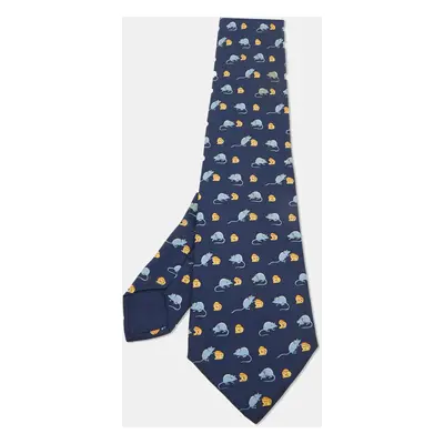 Hermès Navy Blue Mouse and Cheese Print Silk Classic Tie