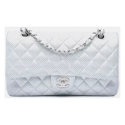 Chanel Silver Medium Classic Perforated Lambskin Double Flap Bag