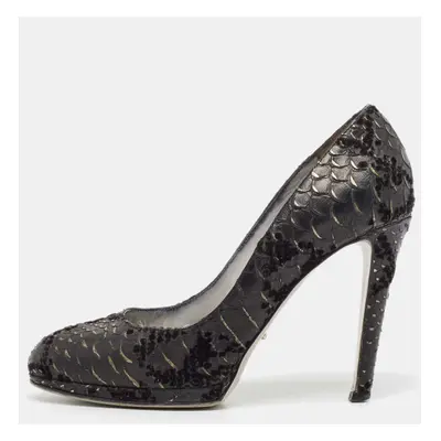 Sergio Rossi Black Python Embossed Leather Platform Pumps Size 36.5