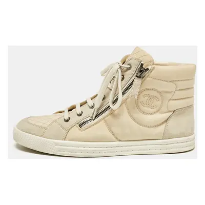 Chanel Cream Fabric and Suede CC Side Zip High Top Sneakers Size