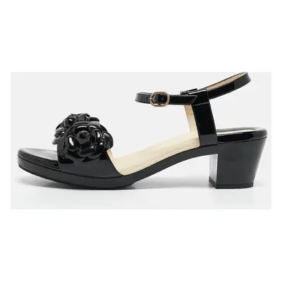 Chanel Black Patent Leather Camellia Accent Ankle Strap Sandals Size