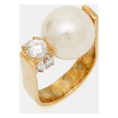 Carolina Herrera Faux Pearl Crystal Gold Tone Ring Size