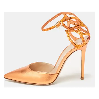 Gianvito Rossi Metallic Orange Leather Fleur Sandals Size