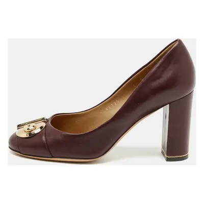 Salvatore Ferragamo Burgundy Leather Fiamma Block Heel Pumps Size