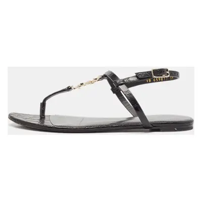 Saint Laurent Black Croc Embossed Leather Cassandra Flat Sandals Size