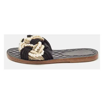 Chanel Multicolor Rope and Faux Pearls Cuba Slide Flat Sandals Size