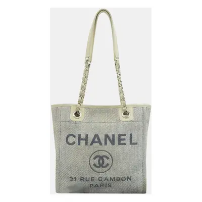 Chanel Light Blue Canvas Deauville Tote PM Coco Mark Bag