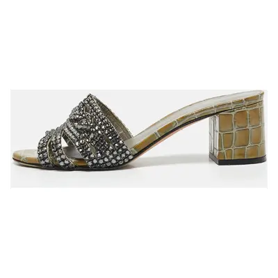 Gina Green Croc Embossed Leather and Leather Crystal Embellished Slide Sandals Size