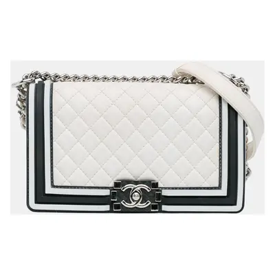 Chanel White Medium Bicolor Lambskin and Rubber Boy Flap