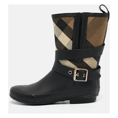 Burberry Beige/Black House Check Canvas and Rubber Rain Boots Size