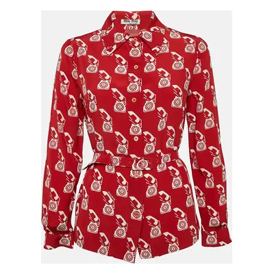 Miu Miu Red Telephone Print Silk Belted Shirt