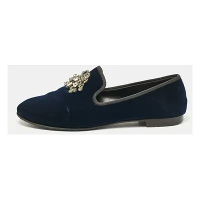 Giuseppe Zanotti Navy Blue Velvet Crystal Embellished Smoking Slippers Size