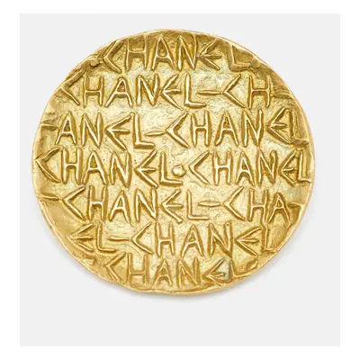 Chanel Logo Embossed Gold Tone Round Pin Brooch