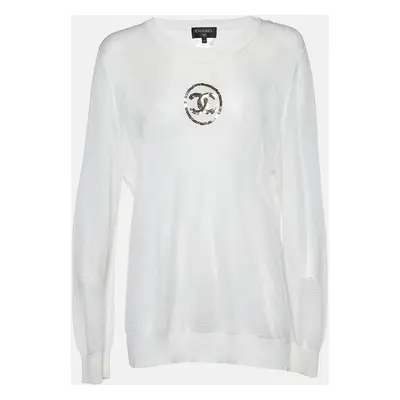 Chanel Off-White Knit Sequin Logo Detail Full Sleeve Sweater