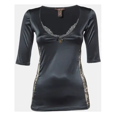 Roberto Cavalli Black Satin Lace Trim V-Neck Top