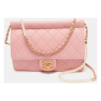 Chanel Pink Quilted Leather Pearl Chain Flap Bag