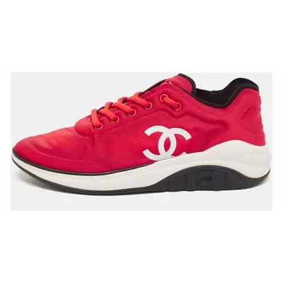 Chanel Red Nylon CC Lace Up Sneakers Size 39.5