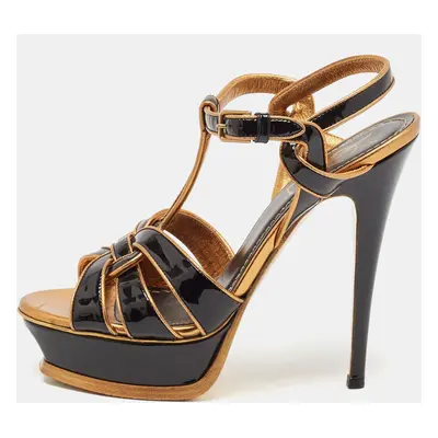 Yves Saint Laurent Black/Gold Patent and Leather Tribute Sandals Size