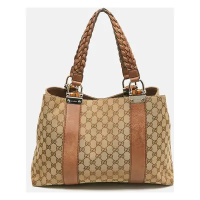 Gucci Beige/Brown GG Canvas and Leather Medium Bamboo Bar Tote