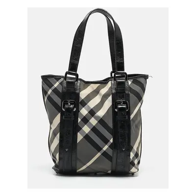 Burberry Grey/Black Beat Check Nylon and Patent Leather Lowry Tote