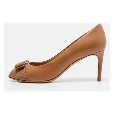 Salvatore Ferragamo Brown Leather Vara Bow Peep Toe Pumps Size